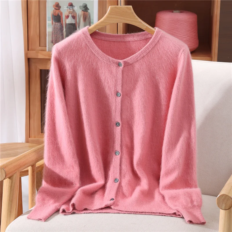 Nuevo suéter de cachemira de visón de 100% para mujer, cárdigan con botones y cuello redondo, suéter suave y cálido para otoño e invierno, Tops informales de manga larga