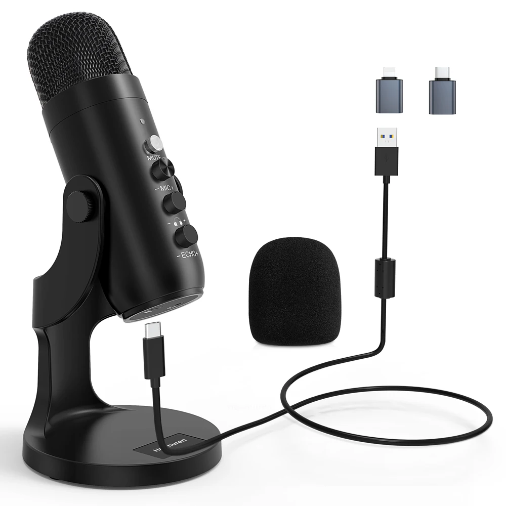 Haomuren Micrófono USB para PC Mac Grabación de juegos Streaming Podcast, Micrófono de condensador de computadora con adaptador de teléfono Salida de auriculares