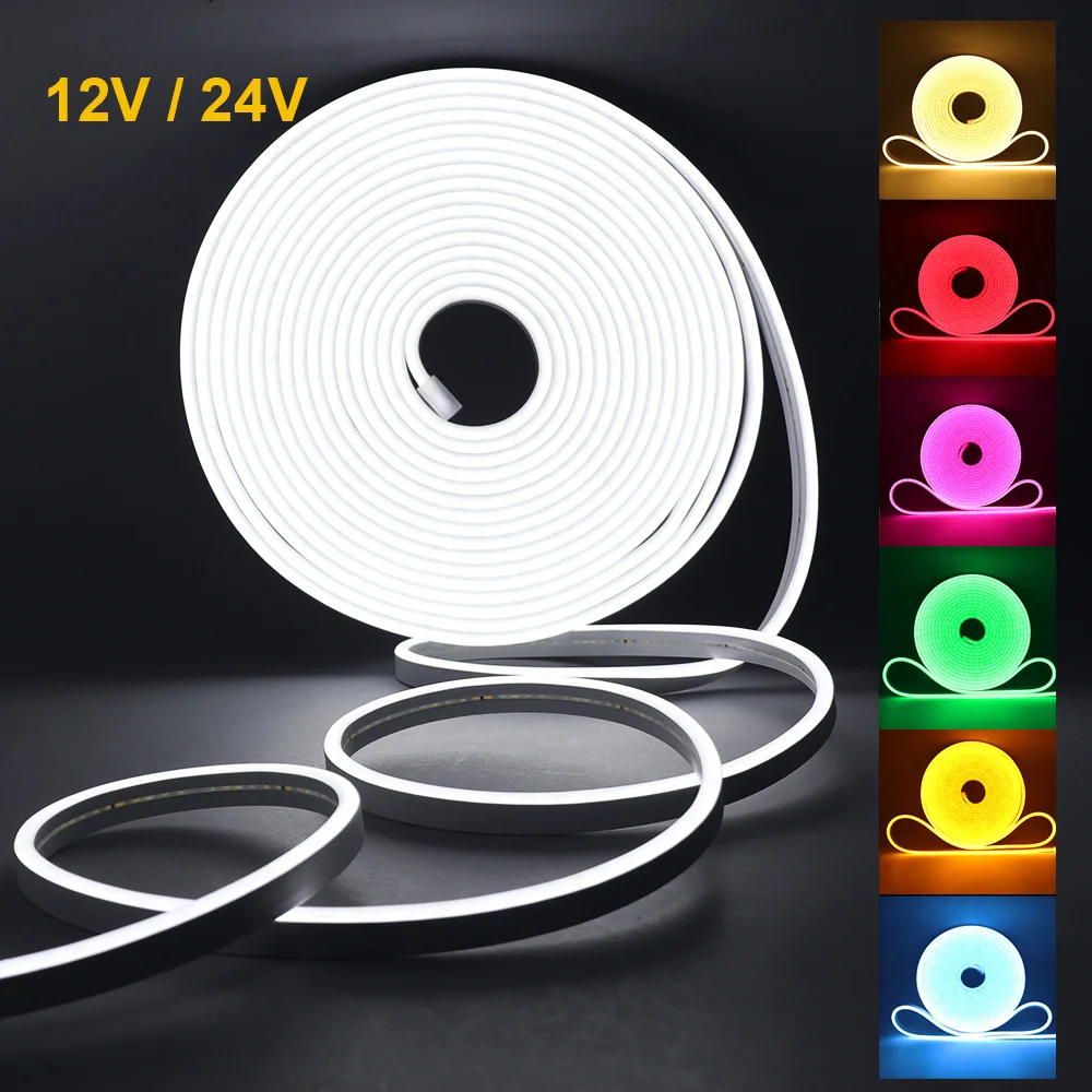 Tira de luces LED de neón de 12V y 24V CC, letrero de neón, luces de cuerda de silicona impermeables, lámpara Flexible para decoración del hogar con cable de 2 pines, 9 colores