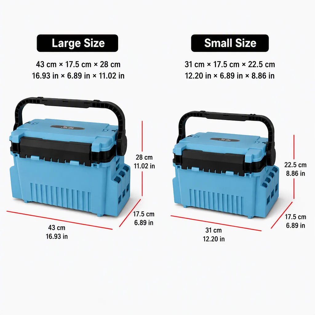Caja de aparejos de pesca opcional de 2 tamaños y 4 colores, caja de almacenamiento de plástico duro resistente al agua y a los golpes con asa de agarre cómoda