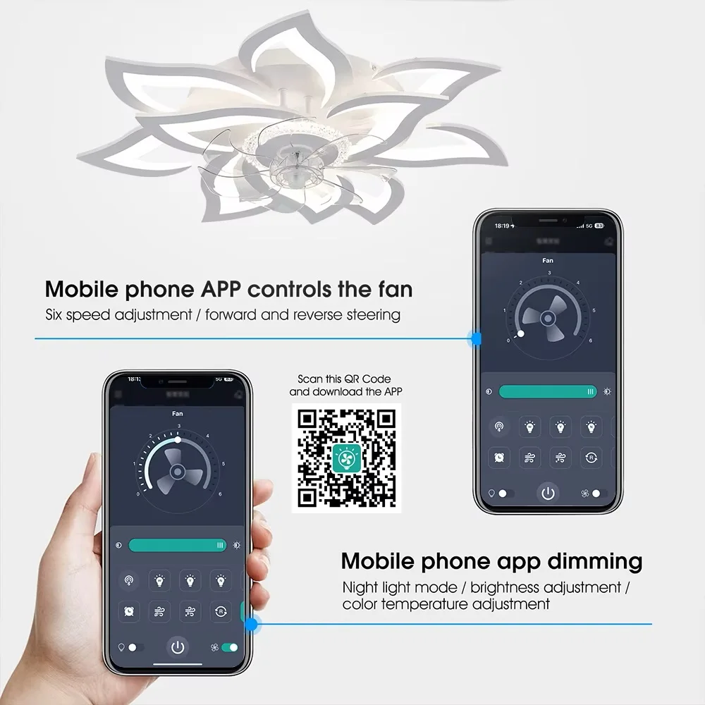 Ventilador de Techo con Iluminación, Ventilador Moderno sin Aspas con Forma de Flor, Regulable, Control Remoto/App, Temporizador, 6 Velocidades, Lámpara de Techo
