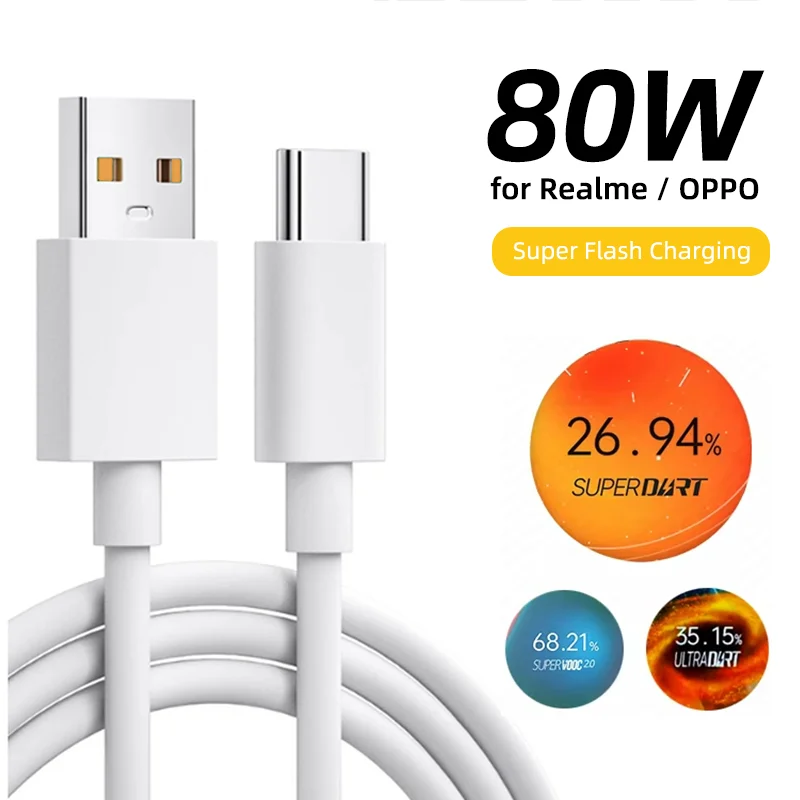 Cable USB Tipo C para Realme, Cables para Teléfono, Carga Súper Rápida de 65w 80W, Super Dart Vooc para Realme 12 13 14 Pro 9i Neo GT V60 OPPO