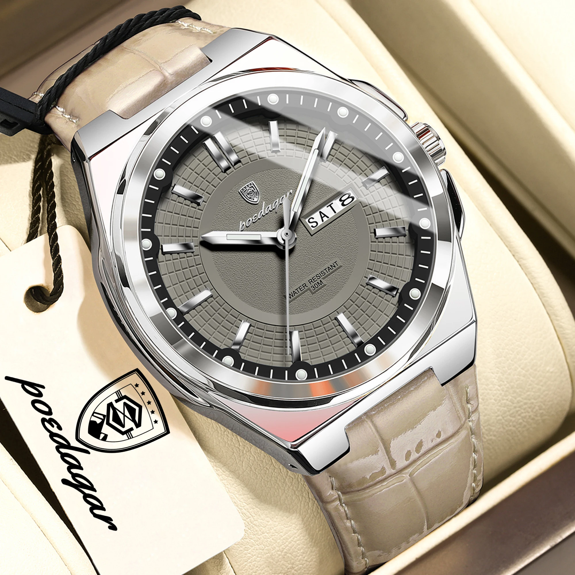 Reloj de Pulsera Masculino POEDAGAR de Moda, Resistente al Agua, Luminoso, con Fecha y Día de la Semana, Reloj de Cuarzo con Correa de Cuero para Hombre, Reloj Hombre