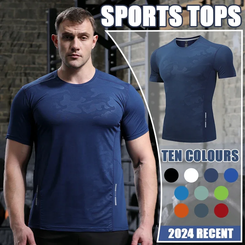 Camiseta deportiva de poliéster para hombre, camisa de compresión para correr, Fitness, gimnasio, entrenamiento al aire libre, ropa de ajuste muscular