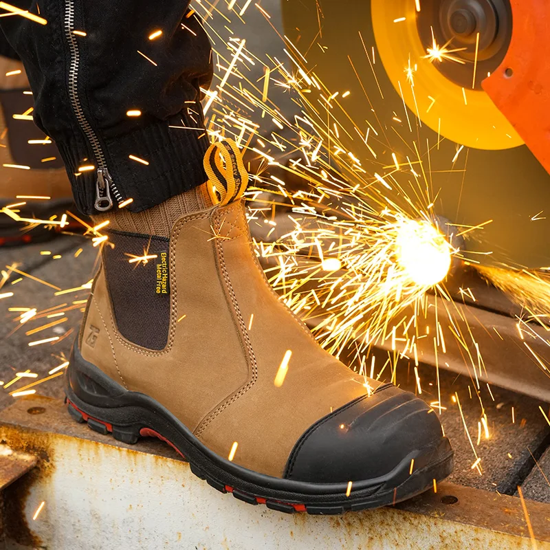 Botas de cuero genuino para hombre, zapatos de seguridad para el trabajo, antigolpes, antipinchazos, antiescaldado, zapatos de soldador, botas protectoras Chelsea para hombre