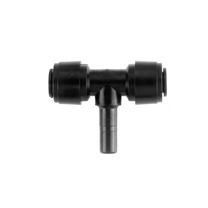 Accesorio de agua RO negro, Tee de codo recto, manguera de acoplamiento POM, tubo de PE, conector de mamparo de vidrio, piezas de filtro de agua, 1/4 "6,35 mm