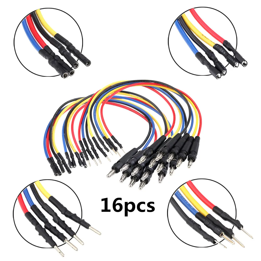 Kit de cables de puente con conector banana, cable de prueba de puente de placa de pruebas apilable de 16 piezas de 4 mm, macho a hembra, cables de prueba de ruptura universales