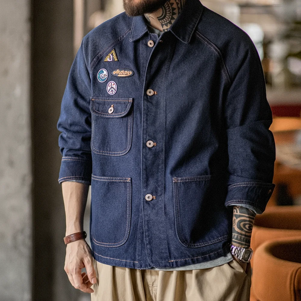 Maden Vintage insignia bordada 12,8 oz chaqueta vaquera pesada solapa lavada ropa de abrigo informal para hombres abrigo de tareas de primavera y otoño