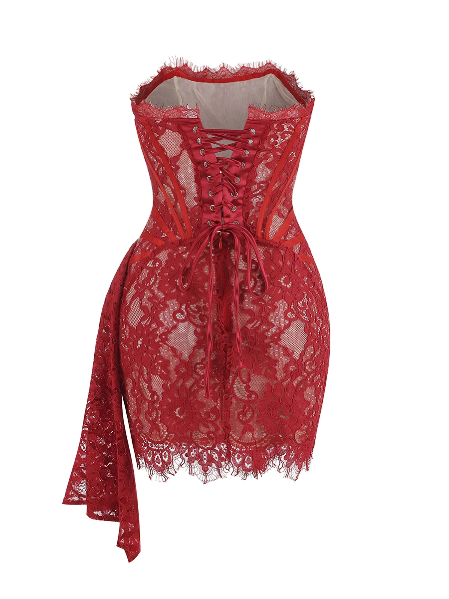 VC Vestido de Navidad para mujer Vestido corto sexy sin tirantes sin mangas de encaje rojo con cordones