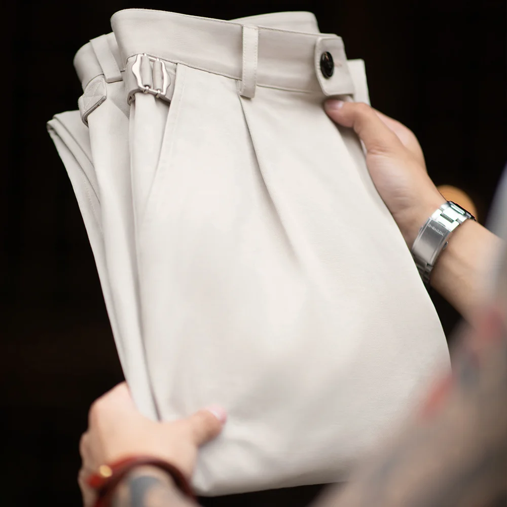 Maden-pantalones de caballero Vintage para mujer, Pantalón ancho recto con botones de París, moda coreana, 100% algodón, sólido, traje de trabajo