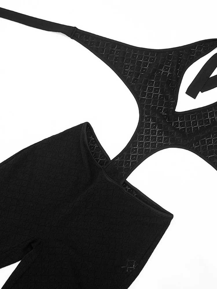 Beyprern ​ Nuevo mono ajustado de punto negro sexy para mujer, con cuello halter y aberturas, de una pieza, ideal para discoteca.