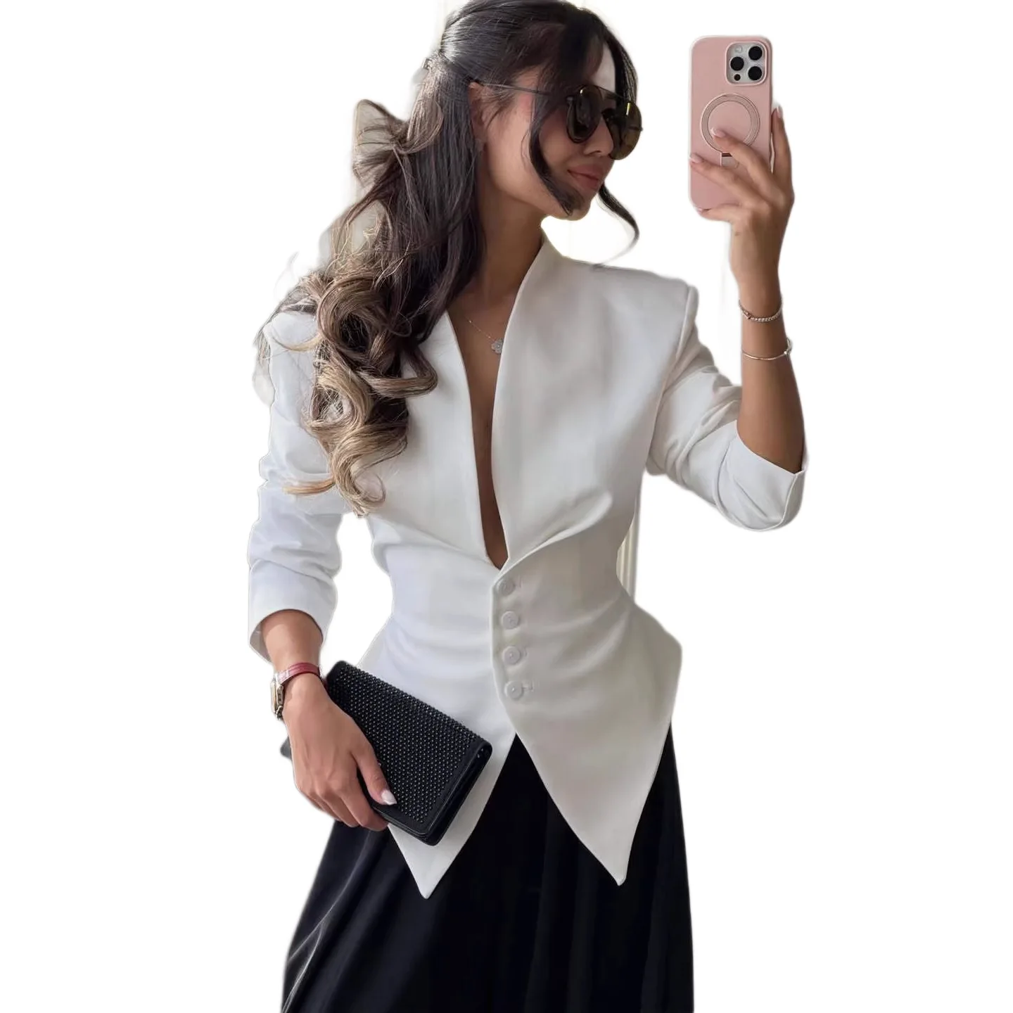 Chaqueta de Traje Sólida con Cordones UNITIM 2026, Chaqueta Plisada para Mujer, Elegante con Cuello en V, Cintura Ajustada, Abotonadura Sencilla, Manga Larga con Lazo