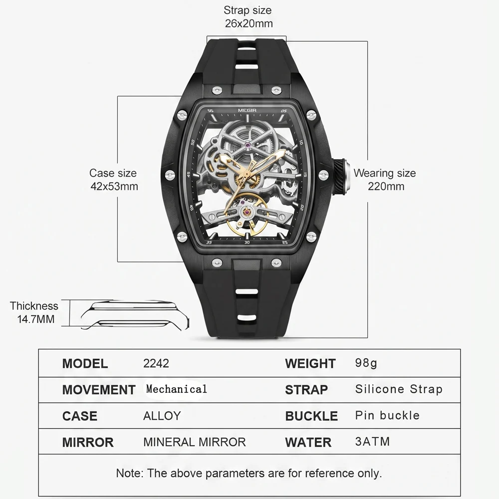 Reloj Mecánico MEGIR Tonneau Skeleton para Hombre, Reloj de Pulsera Deportivo con Correa de Silicona, Esfera Hueca de Lujo, Relojes Mecánicos Automáticos para Hombre
