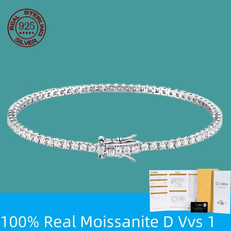 100% plata de ley S925, pulsera de tenis de moissanita auténtica de 2-6mm para mujer, joyería de boda, regalo exquisito de Navidad