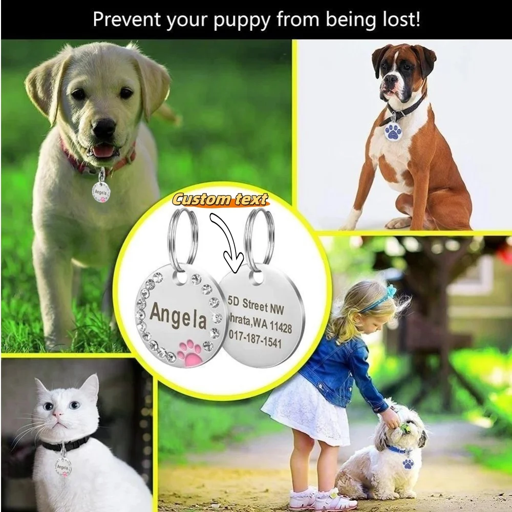 Collar con colgante de nombre de mascota grabado de acero inoxidable, etiquetas de identificación, Collar con colgante de diamante grabado antipérdida personalizado para identificación de perro y gato