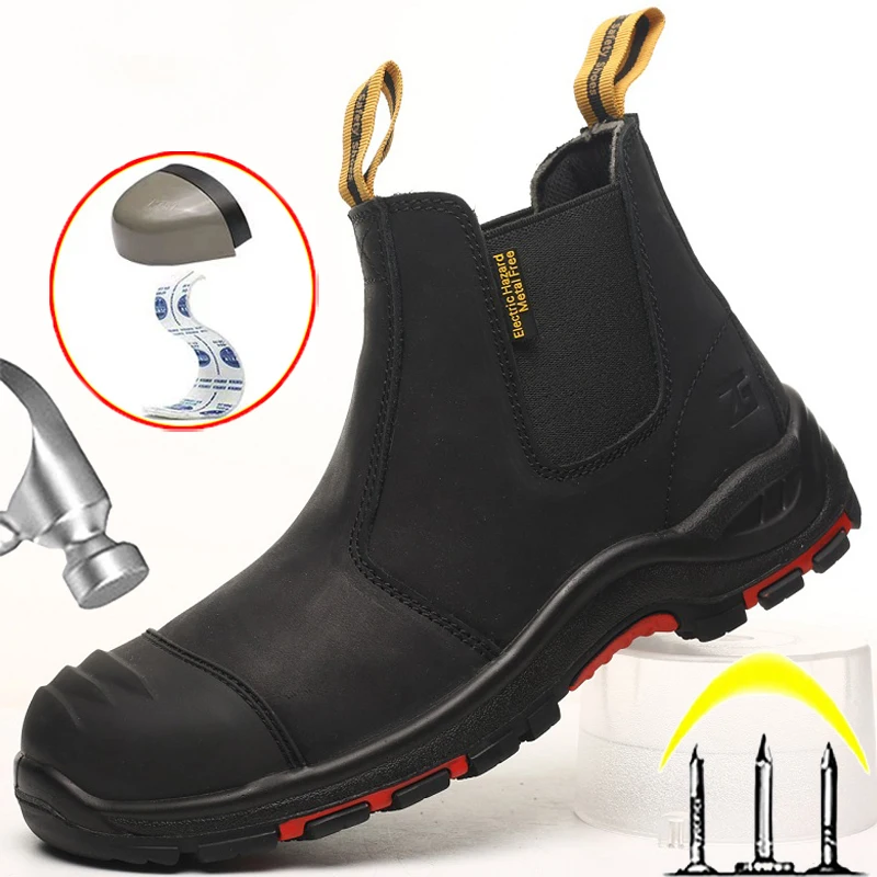 Botas de cuero genuino para hombre, zapatos de seguridad para el trabajo, antigolpes, antipinchazos, antiescaldado, zapatos de soldador, botas protectoras Chelsea para hombre