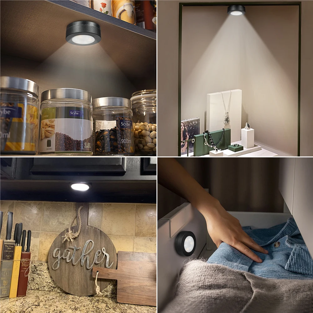 1-6 uds negro CCT redondo LED debajo del armario luz muebles regulable lámpara de armario blanco cálido 3000-6500K Control remoto