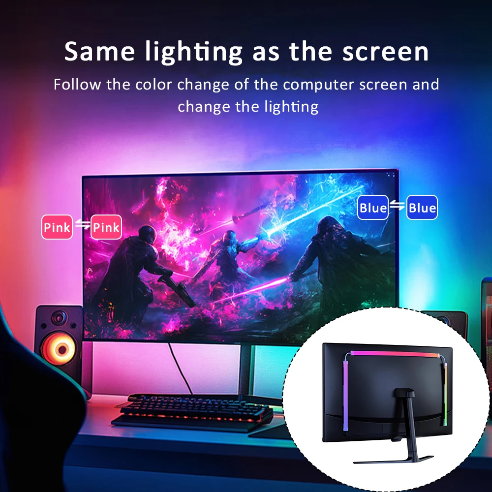 Tira de luces LED USB para PC de 24-34 pulgadas, Monitor de tira de luz de sincronización de ordenador, retroiluminación LED de pantalla RGB para decoración de ambiente de sala de juegos