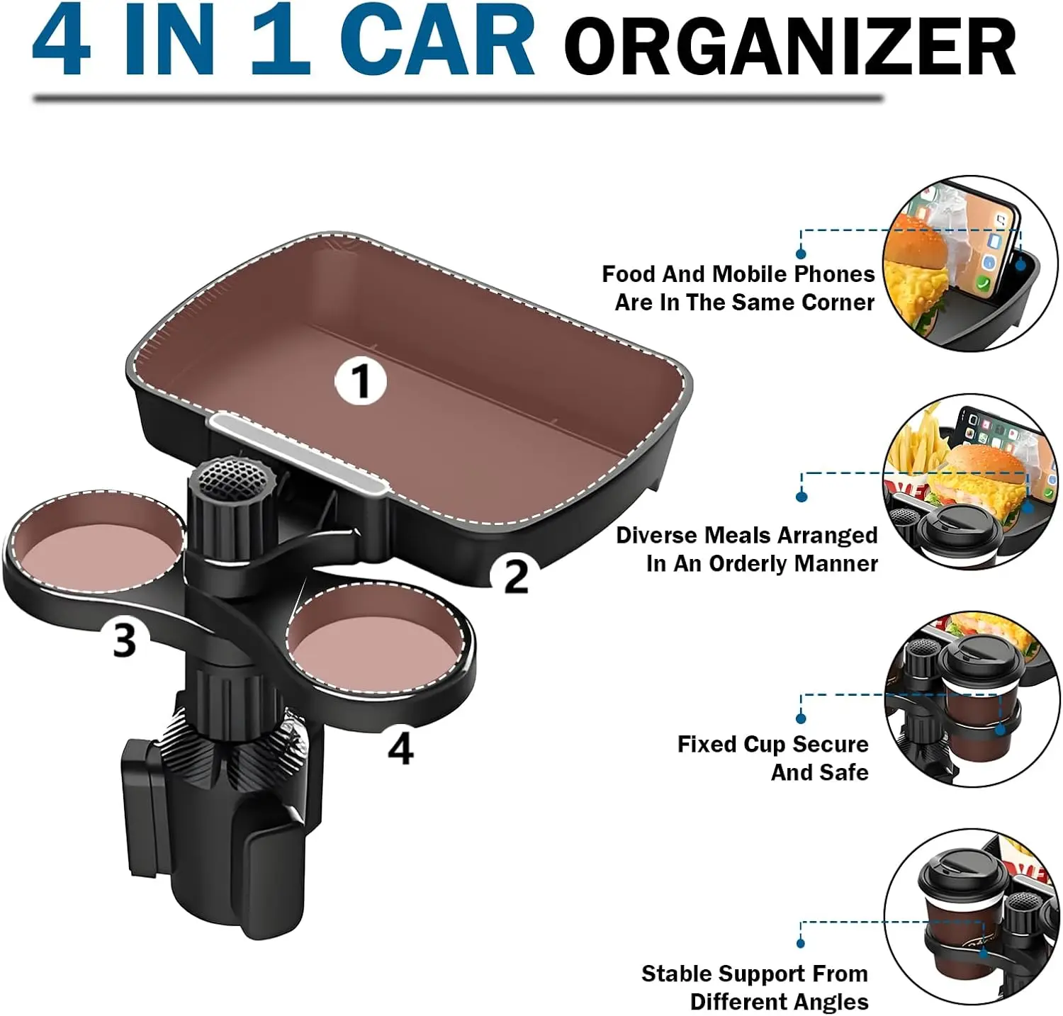Expansor de portavasos doble ajustable para asiento de coche, soporte de taza multifuncional giratorio de 360 °, bandeja para aperitivos, soporte para bebidas