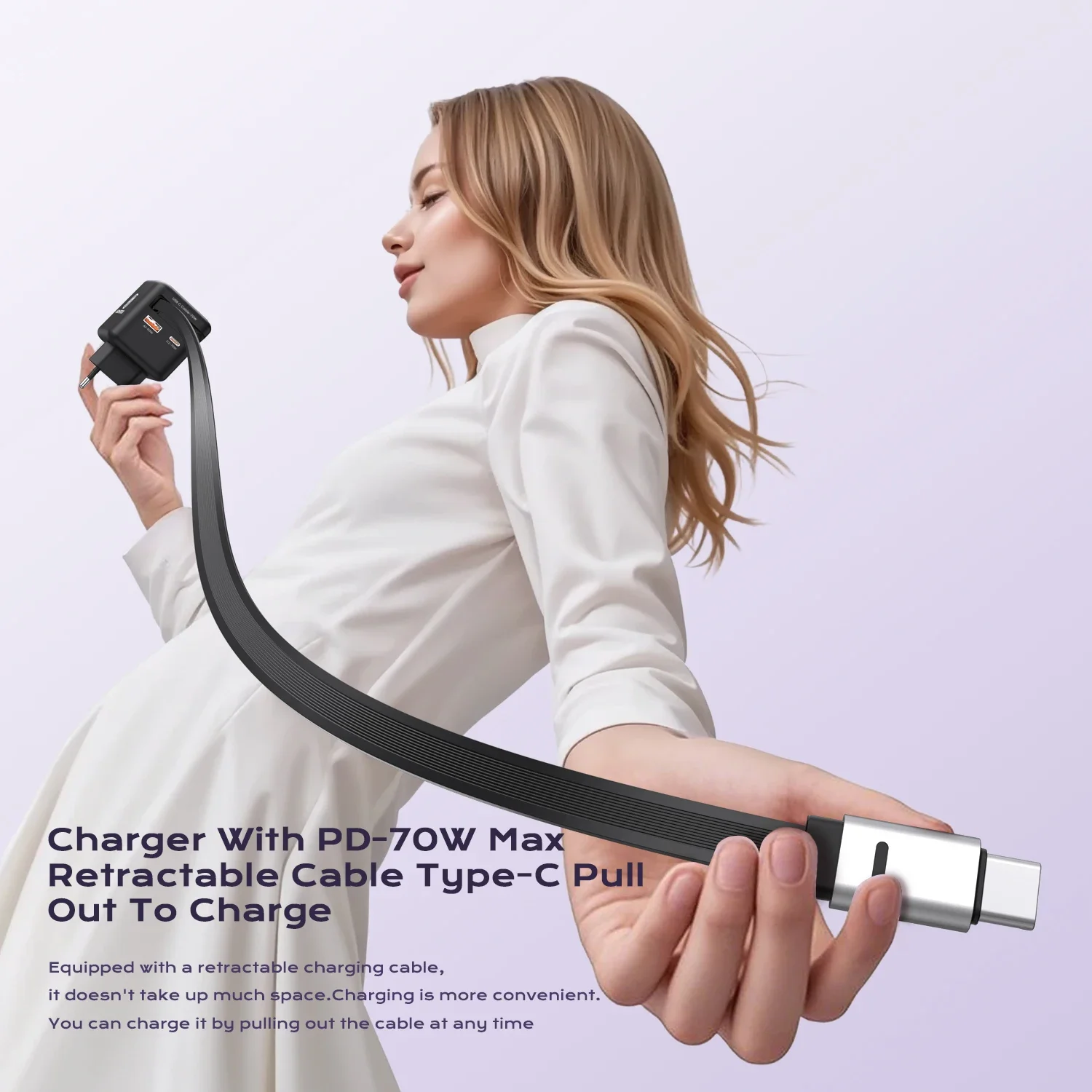 Cargador rápido GaN de 70W con Cable retráctil tipo C 3 en 1 PD3.0 QC4.0 PPS carga rápida para IPhone 16 15 14 Xiaomi Tablet Laptop