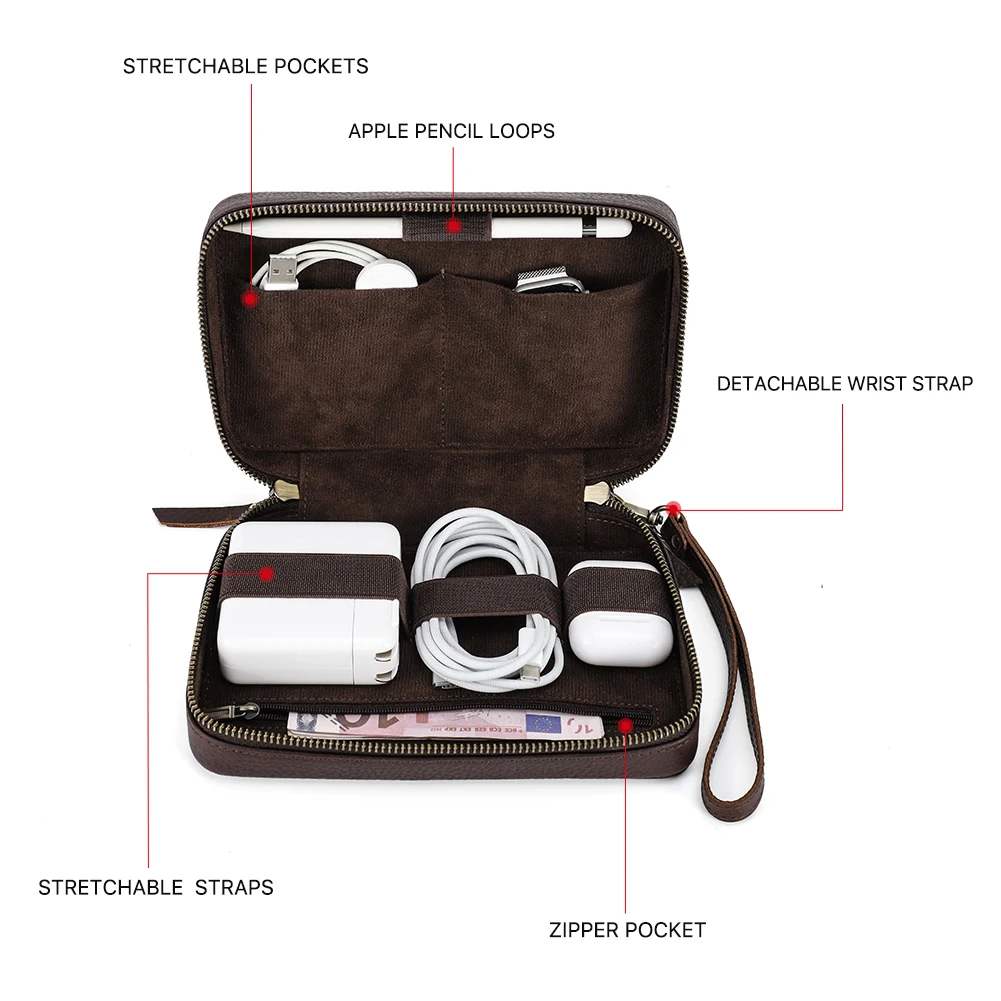 Bolsa de almacenamiento de Cable de datos USB portátil de cuero genuino, estuche para auriculares, accesorios electrónicos, Gadgets, caja organizadora Digital