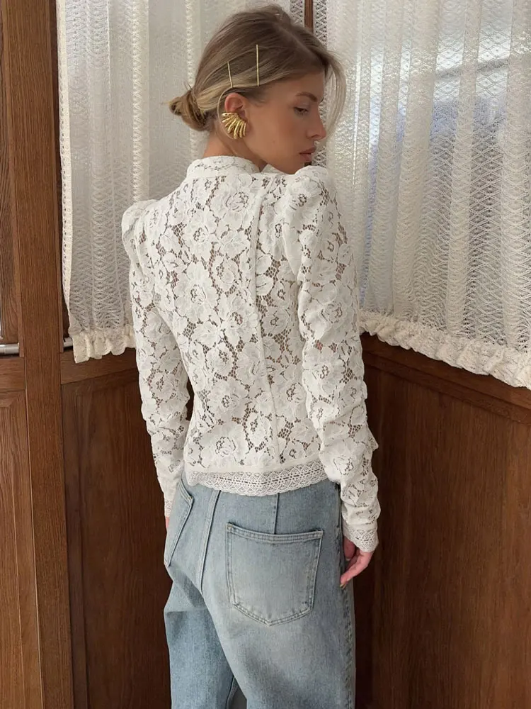 Tossy-camisas con estampado de encaje para mujer, Tops calados a la moda para ir al trabajo, blusa transparente Vintage, camisas de encogimiento de hombros de encaje para mujer, novedad