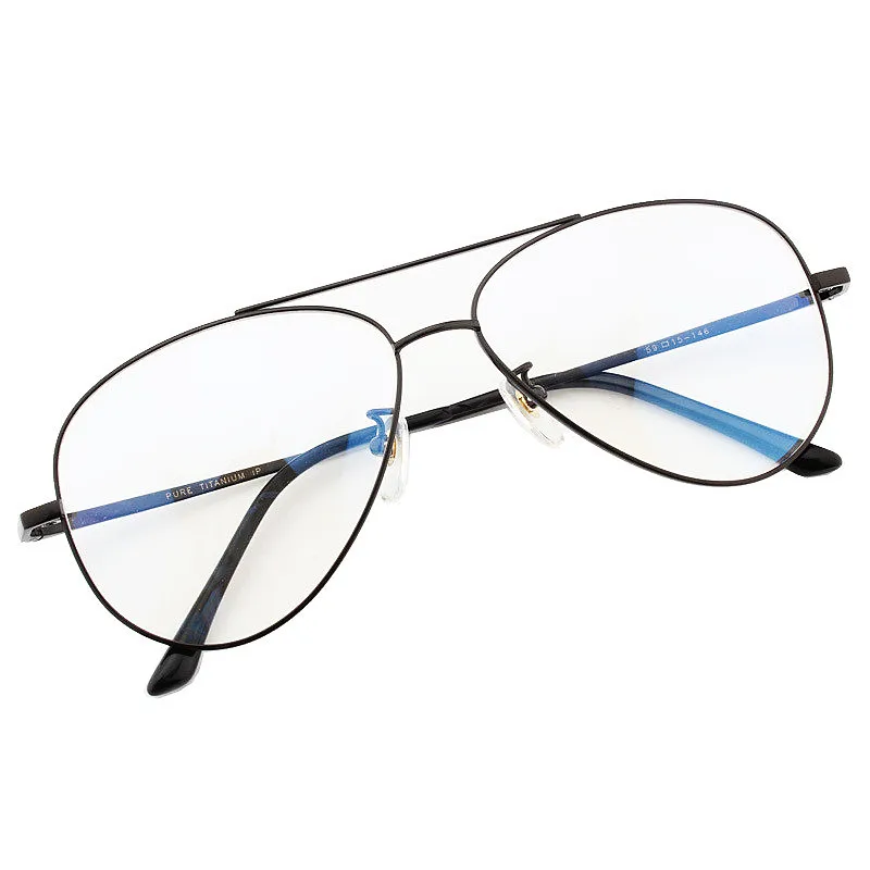 Montura óptica de titanio puro graduada para hombres, gafas de piloto, gafas de sol, uso de cara grande y ancha, doble puente de 63mm de ancho