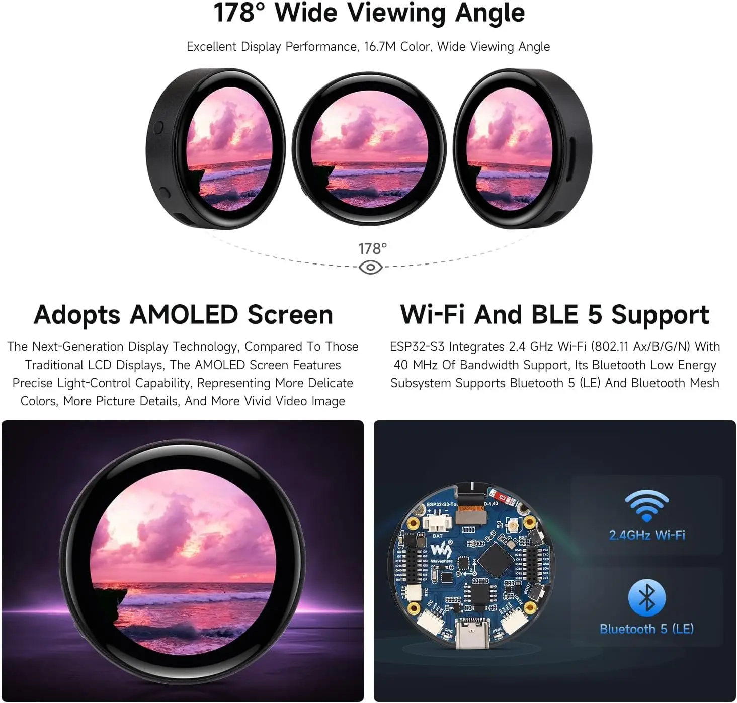 Waveshare ESP32-S3 Placa de desarrollo de pantalla táctil AMOLED de 1,43 pulgadas pantalla redonda 466x466 pantalla ESP32 desarrollo HMI LVGL GUI