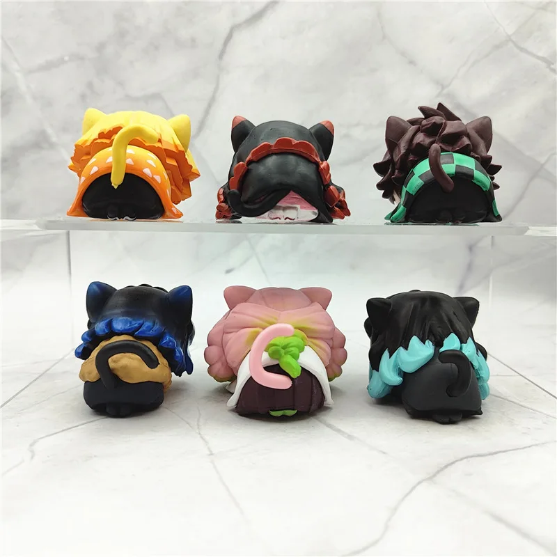 6 unids/set Anime Demon Slayer figura Nezuko Tanjirou Zenitsu Inosuke Mini estatuilla Kawaii oreja de gato figura para dormir PVC modelo muñeca Juguetes