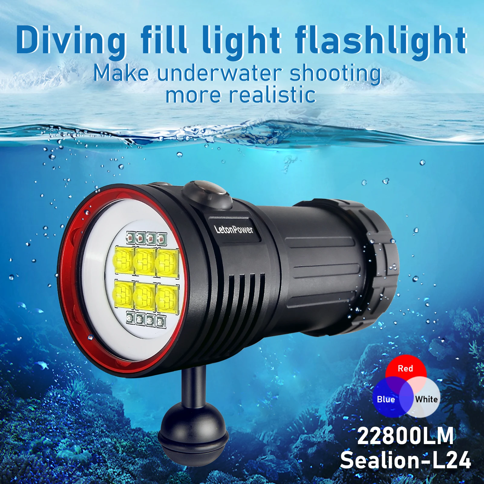 Linterna de buceo LetonPower 22800 lúmenes iluminación subacuática recargable 100m antorcha impermeable para fotografía luz de relleno de vídeo