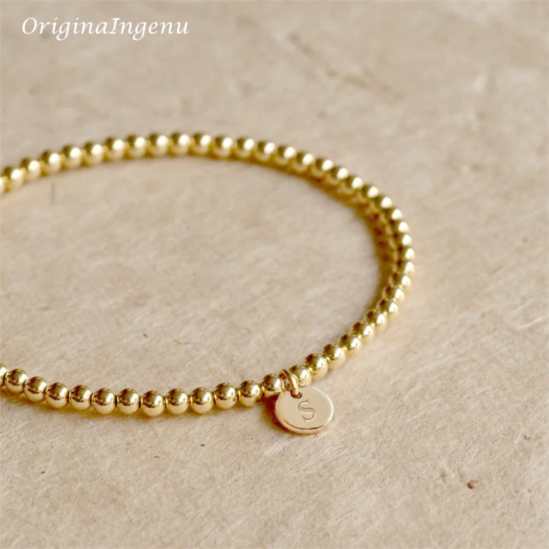 Pulsera de cuentas de oro hecha a mano, pulsera elástica llena de oro de 14 quilates, joyería con letras personalizadas, pulseras bohemias, joyería Bohemia Vintage para mujer