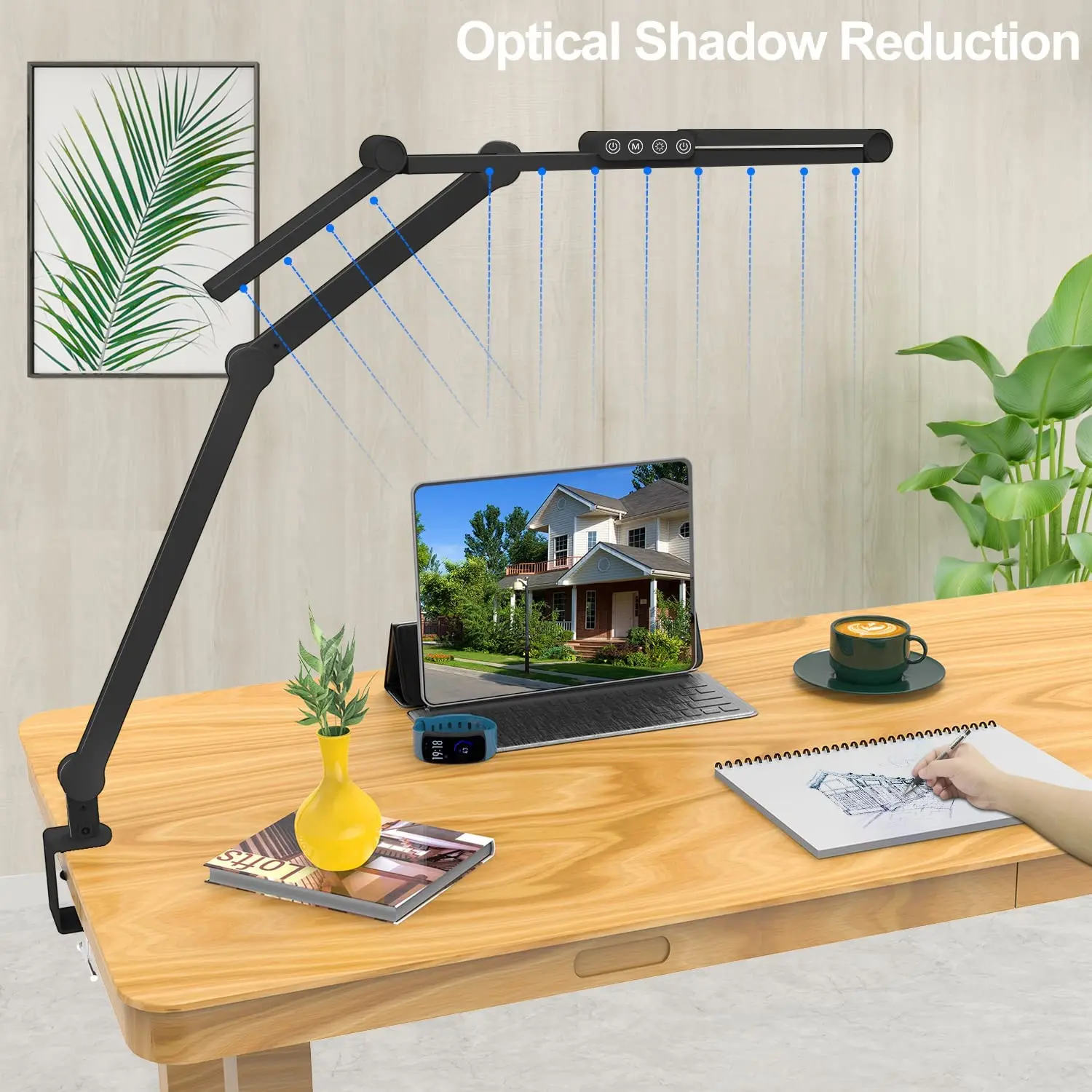 Lámpara de escritorio LED con abrazadera, lámpara de escritorio de arquitecto para oficina en casa con iluminación de ambiente, luz de escritorio con atenuación automática ultrabrillante de 24W