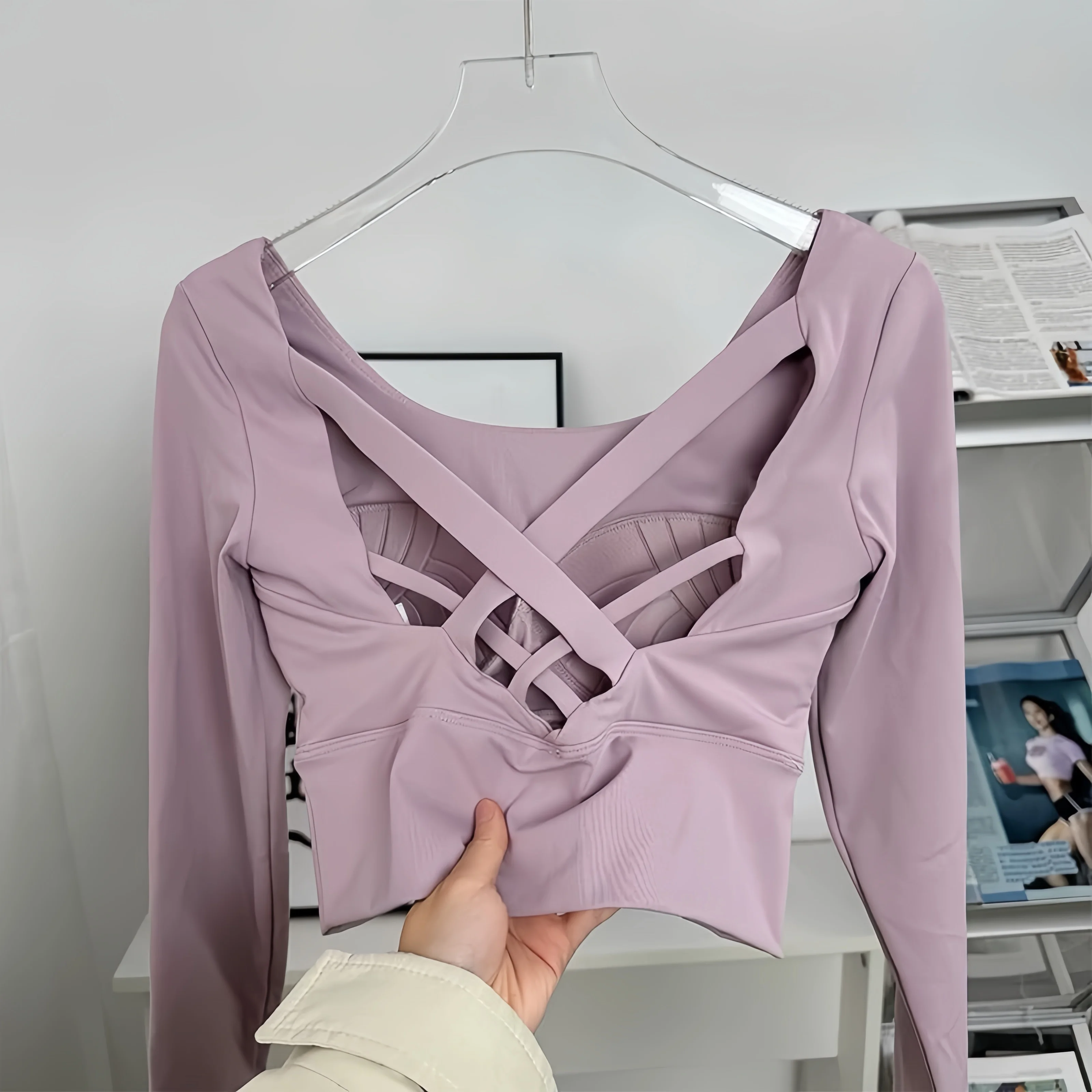 Ropa de yoga para mujer, sujetador fijo de manga larga, almohadilla, fitness, Pilates, correr, deportes, ropa de entrenamiento superior