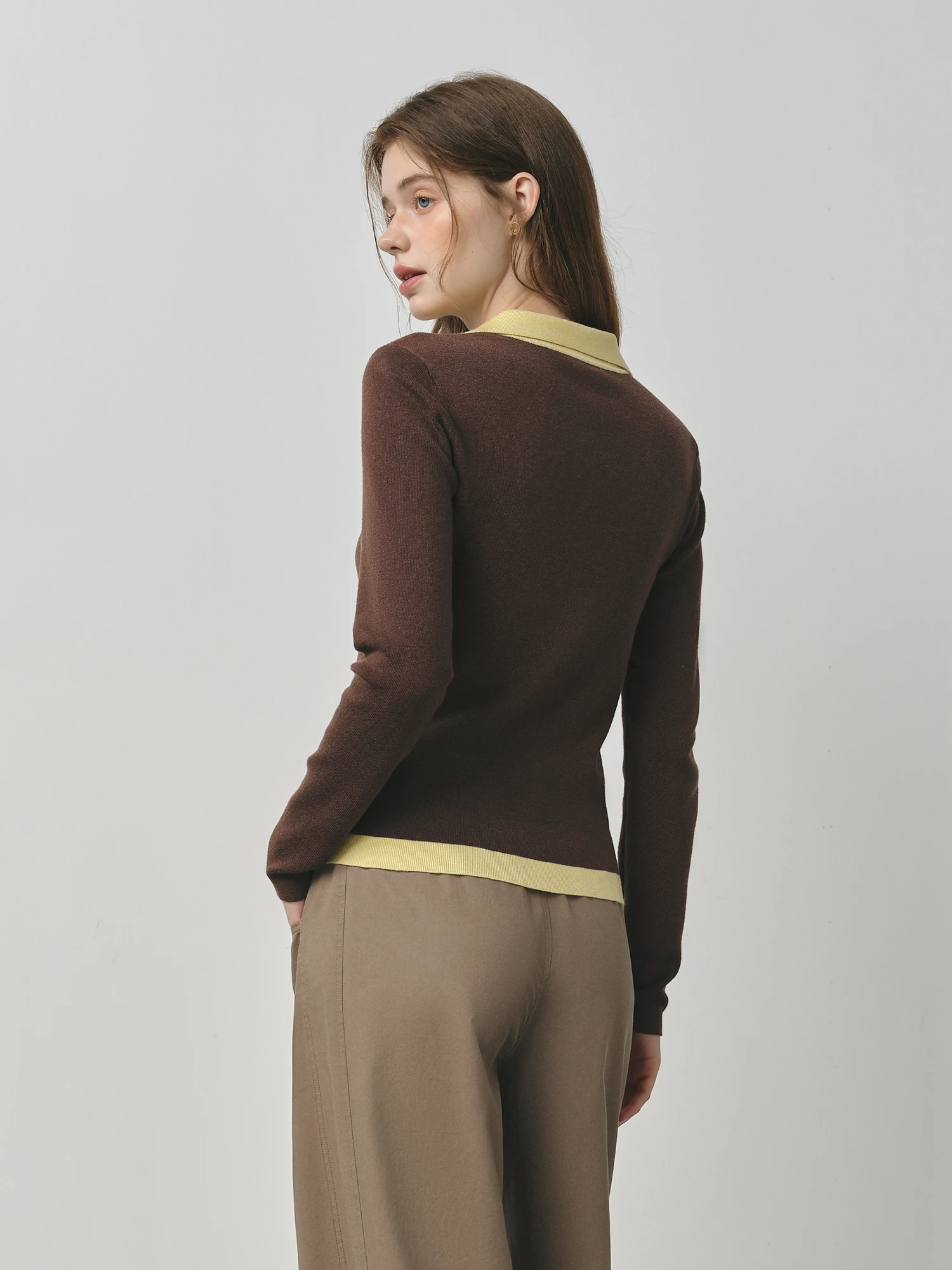 FSLE 2025 nuevo otoño suéter de punto para mujer bloque de Color estilo Barenia falso de dos piezas cuello vuelto Vintage acogedor Cable Top de punto