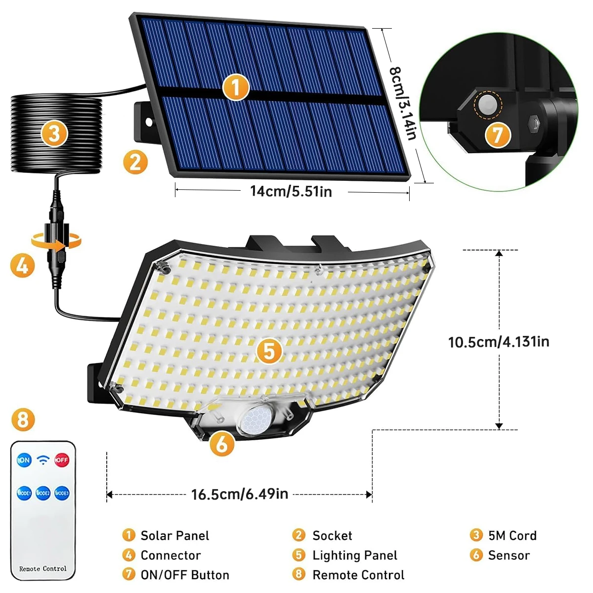 Luces solares para exteriores 234LED 3 modos luces de inundación con sensor de movimiento con control remoto IP65 luces solares de seguridad impermeables para exterior