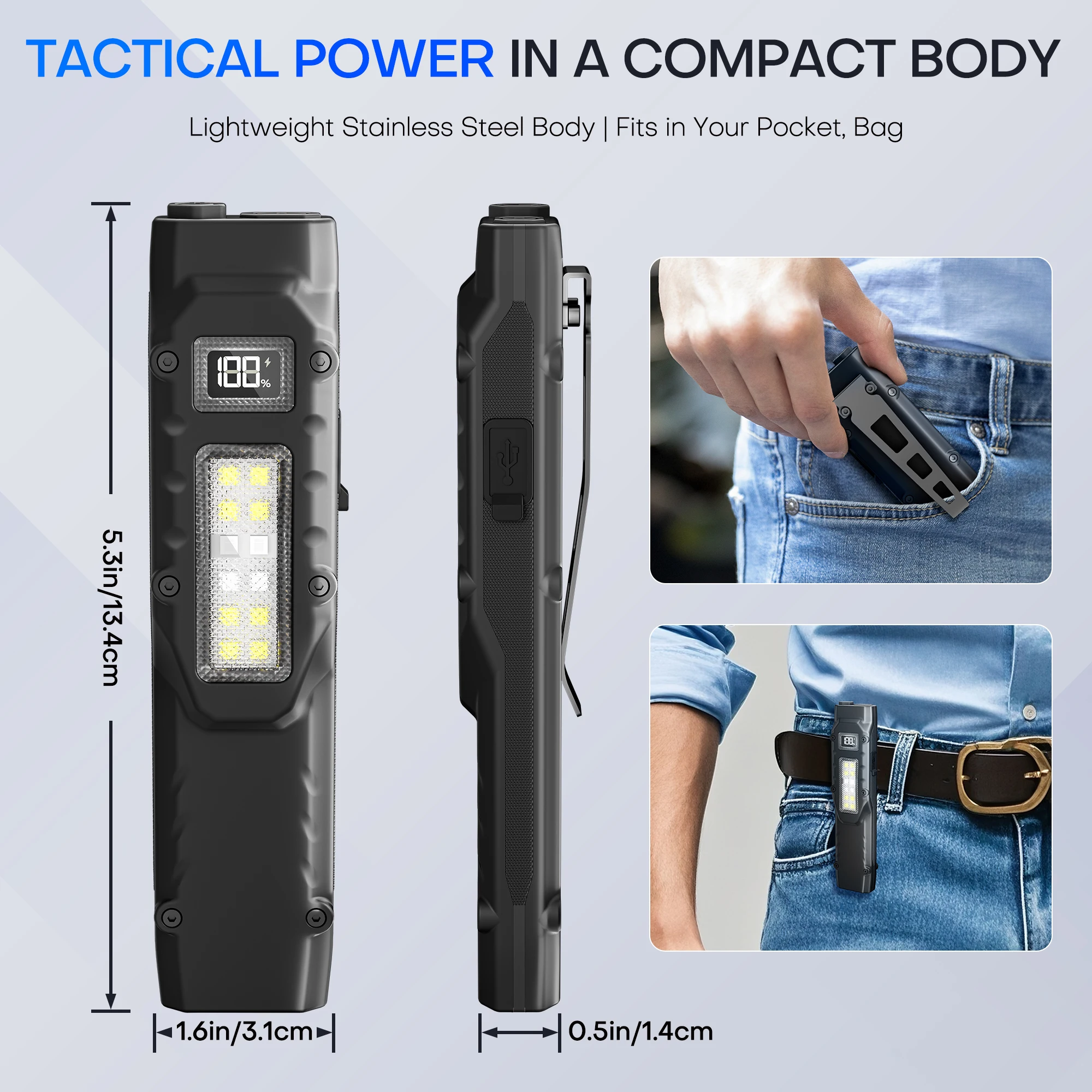 Linterna táctica recargable EDC, linterna LED de doble interruptor con pantalla Digital, 8 modos, Camping y uso de emergencia