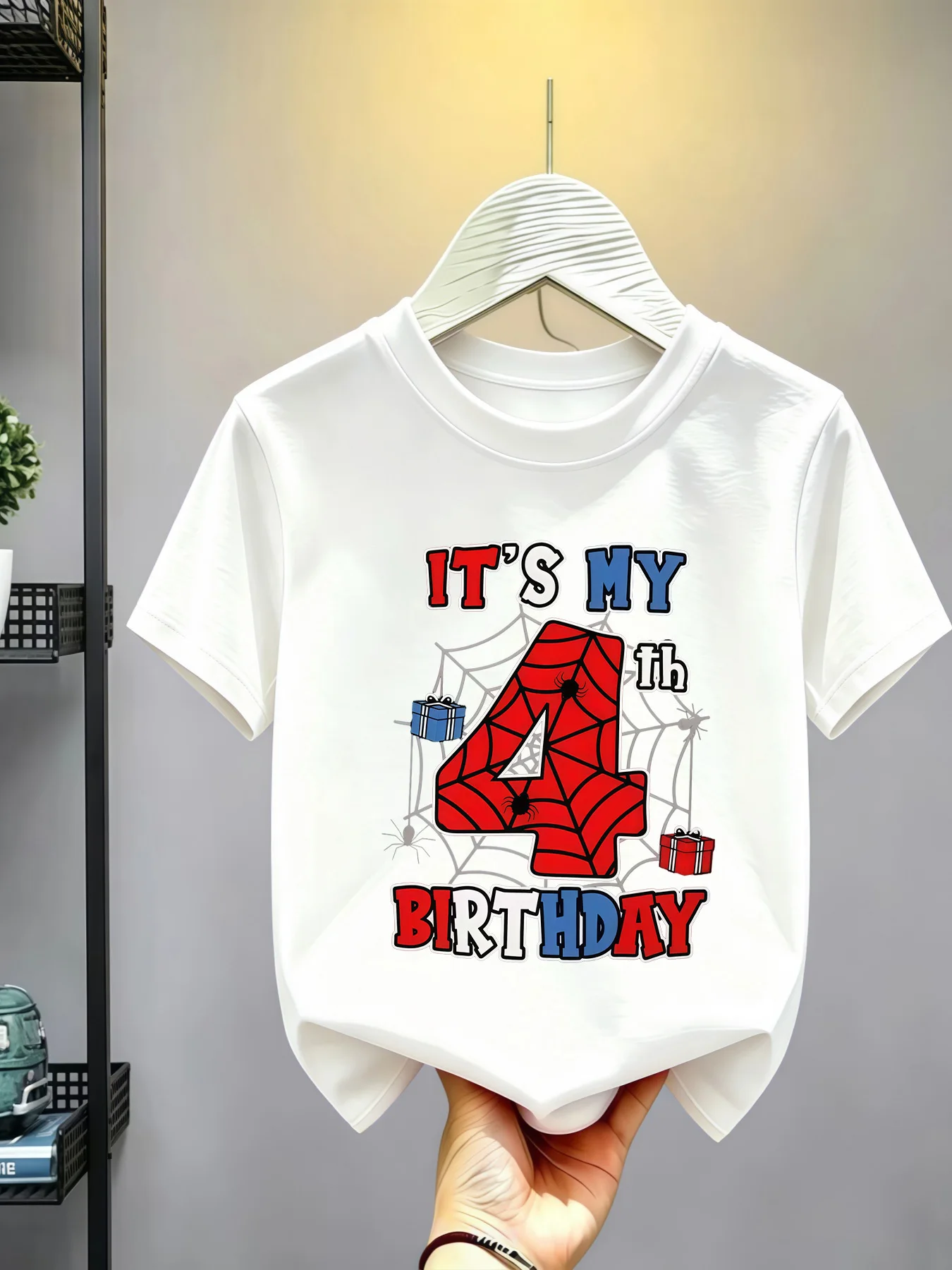 Camisetas de algodón con estampado de telaraña para el 4º cumpleaños, camisetas de manga corta a juego para la familia, para mamá, papá, niños y niñas, uso diario