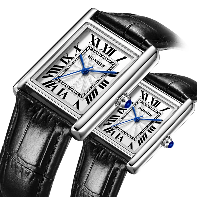 Relojes de Pulsera de Cuarzo para Hombre y Mujer, Diseño Cuadrado Simple, Estilo Ejecutivo, Correa de Cuero, Resistentes al Agua, para Parejas