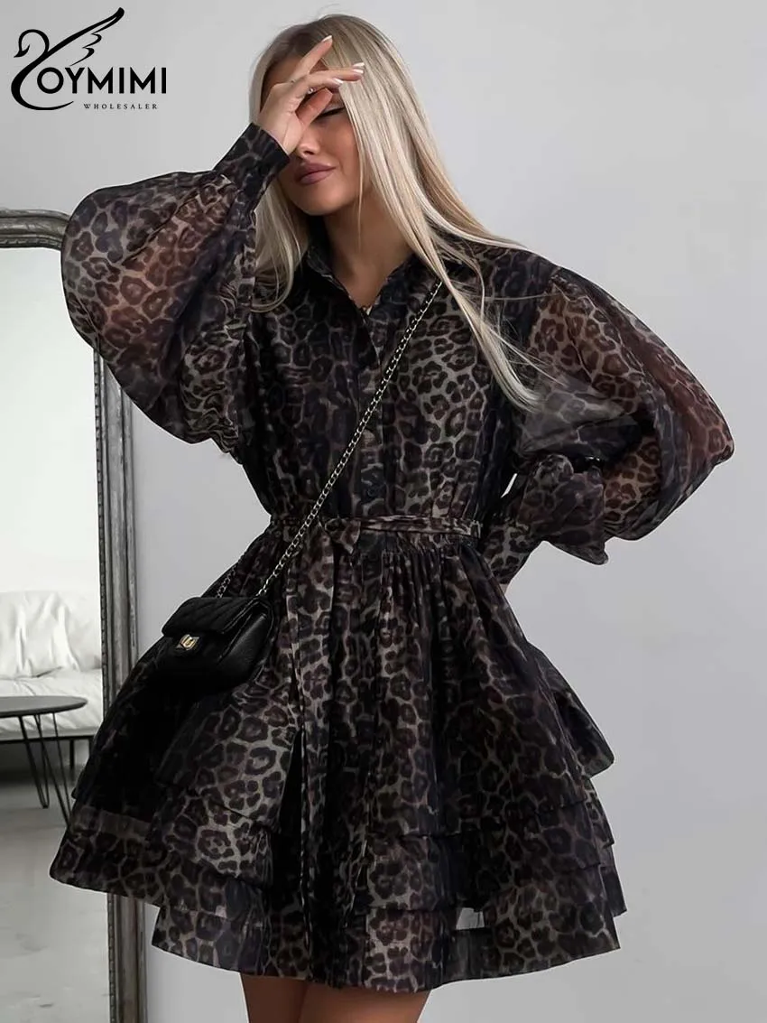 Oymimi moda marrón estampado de leopardo vestido de mujer elegante manga larga Buton vestidos con cordones Casual volantes en cascada Mini vestidos