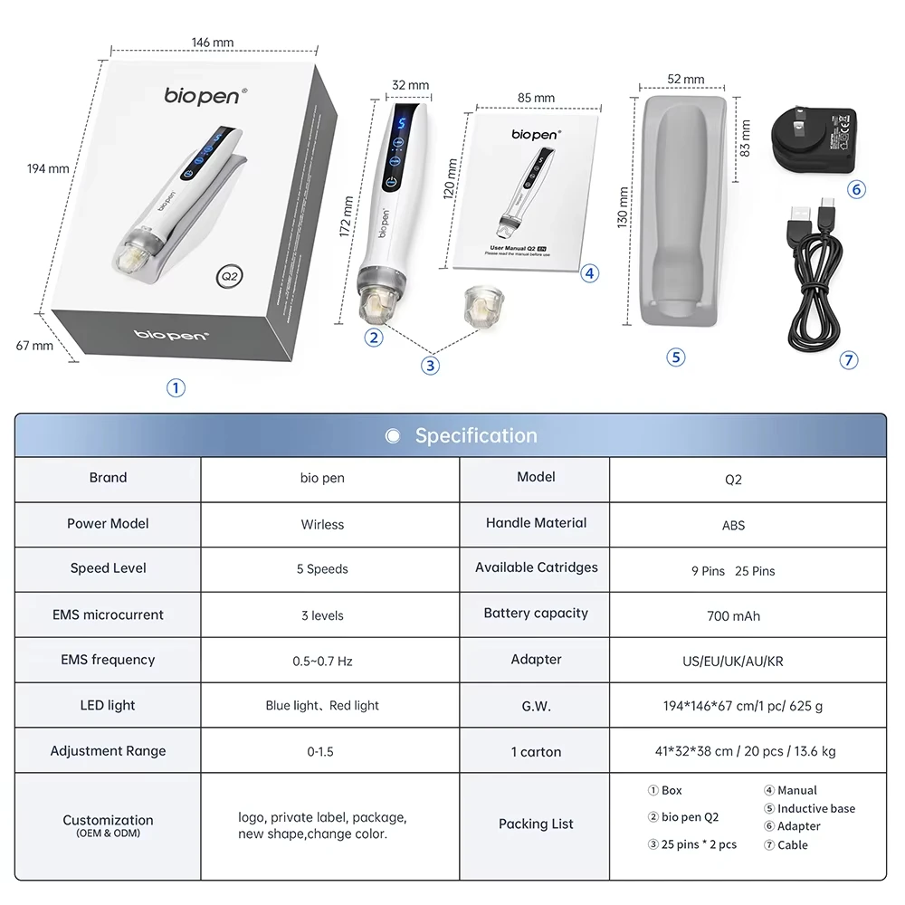 Mejor Lápiz de Microneedling Bio Pen Q2 EMS Derma Pen con 2 agujas automáticas para suero de regalo - Equipo de belleza con terapia de luz LED