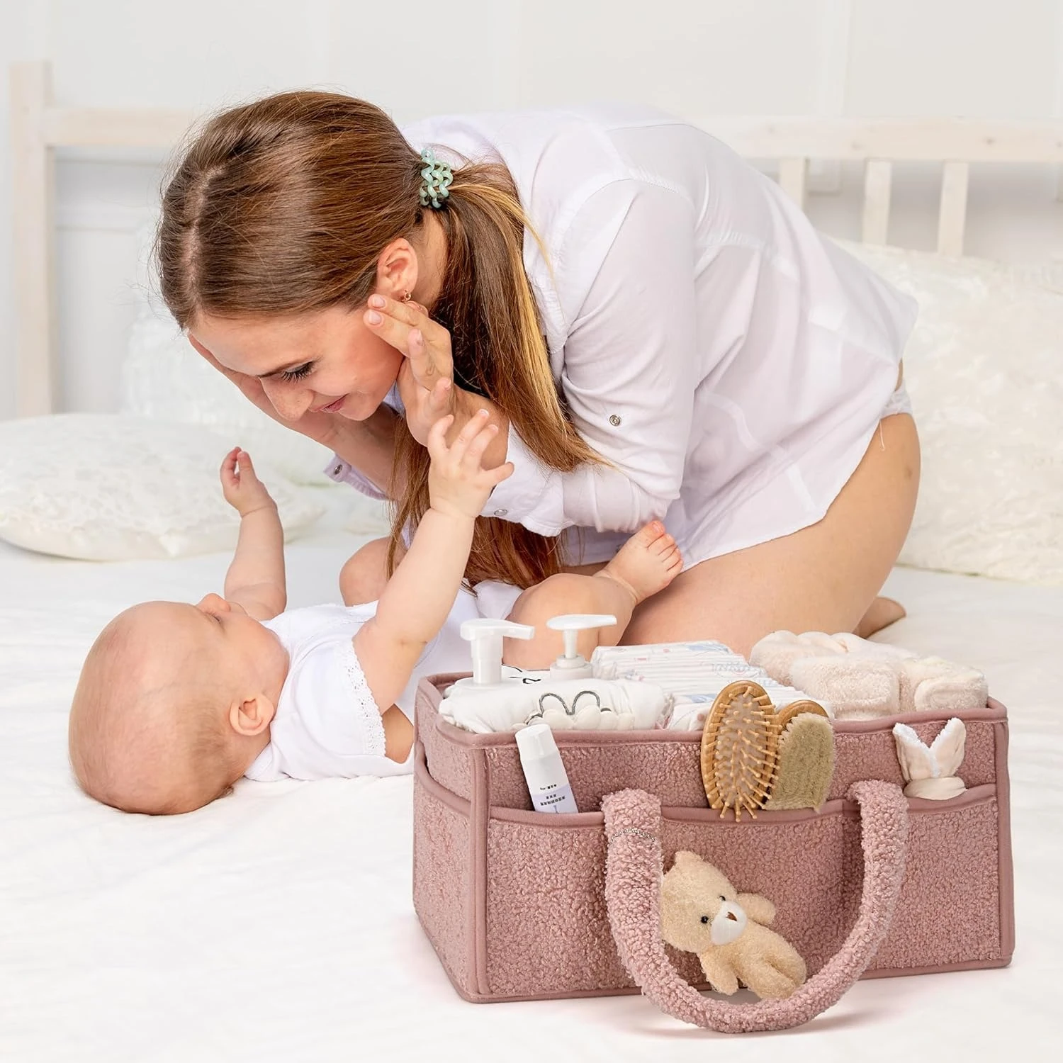 Organizador de pañales para bebé para cambiador, apiladores de pañales de felpa y bolsa de pañales con osito de peluche, cesta de almacenamiento de pañales