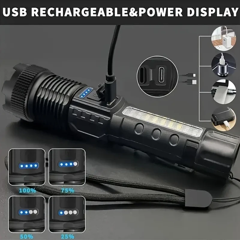 Linternas Led de alta potencia, linterna táctica muy fuerte, 6 modos, recargable, para acampar, pescar, linterna con Zoom de emergencia