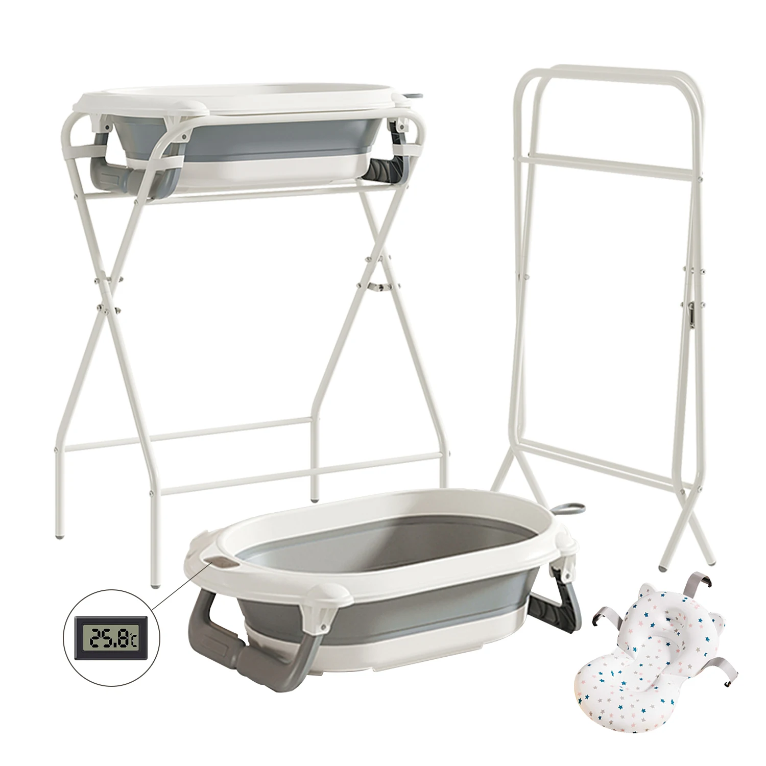 Bañera para Bebé 3 en 1 con Soporte, Bañera Plegable para Bebés Recién Nacidos hasta Niños Pequeños con Termómetro y Almohada de Baño, Multifuncional, Gris