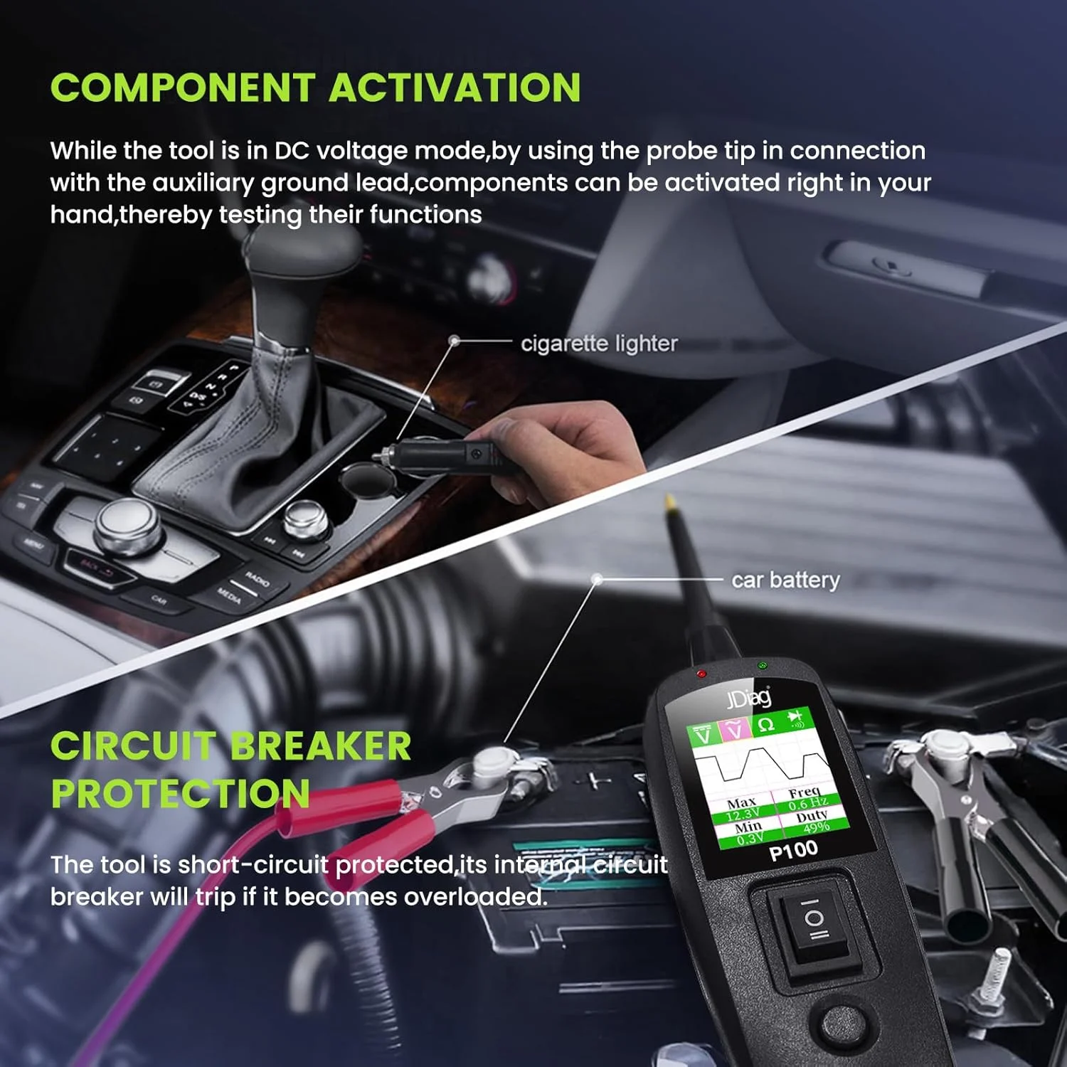 2026 JDiag P100 probador de circuito automotriz Detector de voltaje de coche Kit de sonda de sistema eléctrico AC DC 12V 24V herramienta de diagnóstico de coche