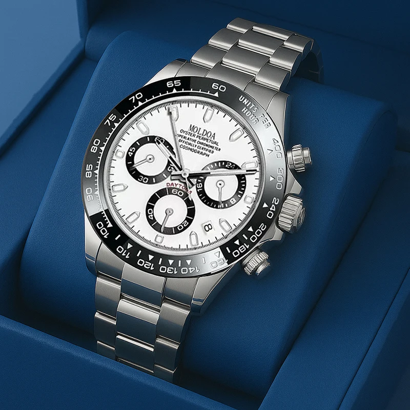 Reloj de cuarzo multifuncional moderno de acero inoxidable plateado para hombre con pantalla de puntos y líneas