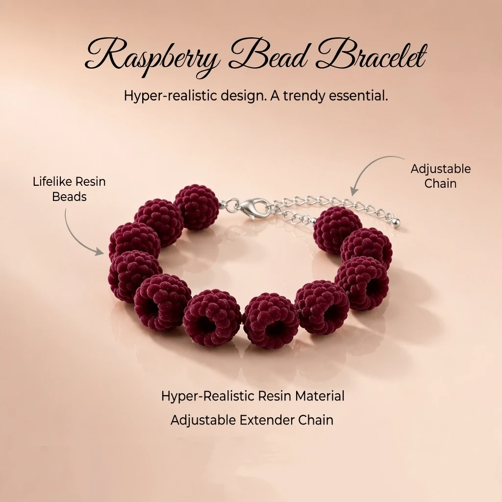 Pulsera de resina con cuentas de frambuesa, cadena ajustable, dije de fruta, joyería bonita y moderna para el verano, regalo para mujeres y niñas