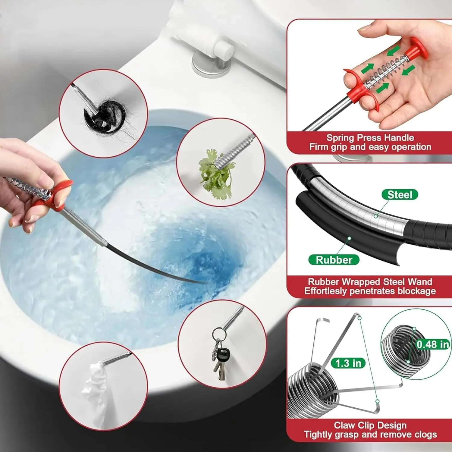 Herramienta Flexible de Agarre con 4 Garras para Desatascar Drenajes, Removedor de Cabello y Obstrucciones para Cocina y Baño