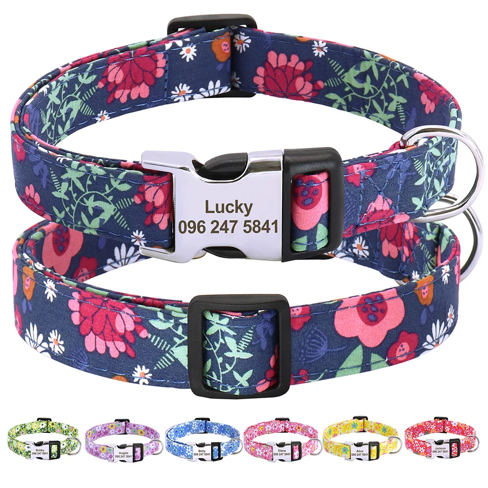 Collar personalizado con estampado Floral para mascotas, Collar de Nylon para perro con grabado gratuito, para perros pequeños, medianos y gatos, etiqueta de identificación de nombre