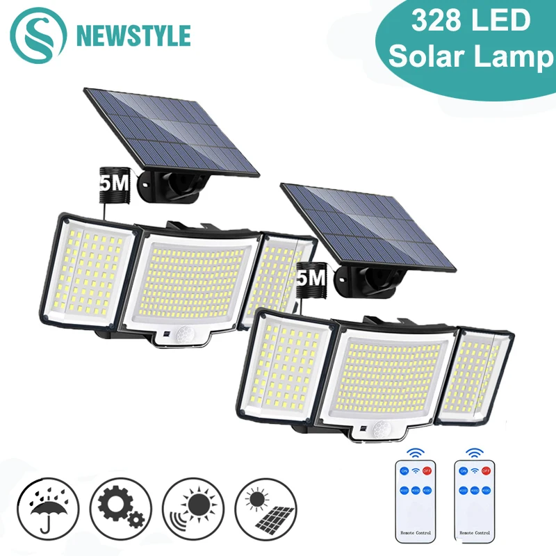 Lámpara Solar LED para exteriores, focos impermeables IP65, Sensor de movimiento, 3 modos, farola, decoración de jardín, 238/328, 348