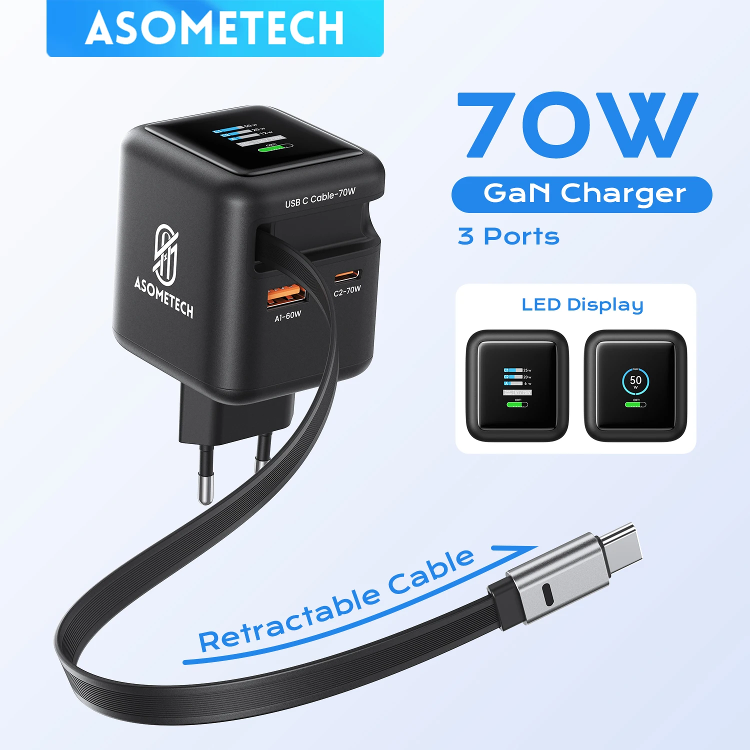 Cargador USB GaN de 70W con Cable Retráctil Tipo C, PD3.0, QC4.0, PPS, 3 Puertos, Carga Rápida para iPhone 17, 16, Xiaomi, Macbook, Laptop